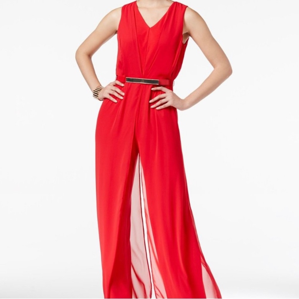 Lipstick red jumpsuit with chiffon overlay